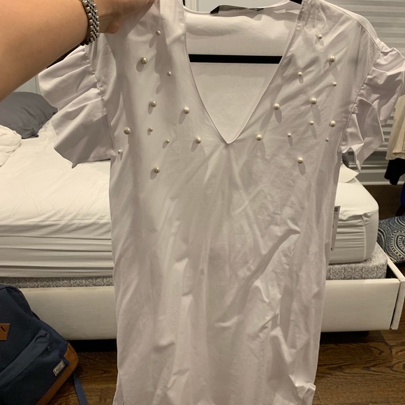 Zara White belted frilled T-shirt Dress with Pearls NWT size medium - Picture 6 of 7